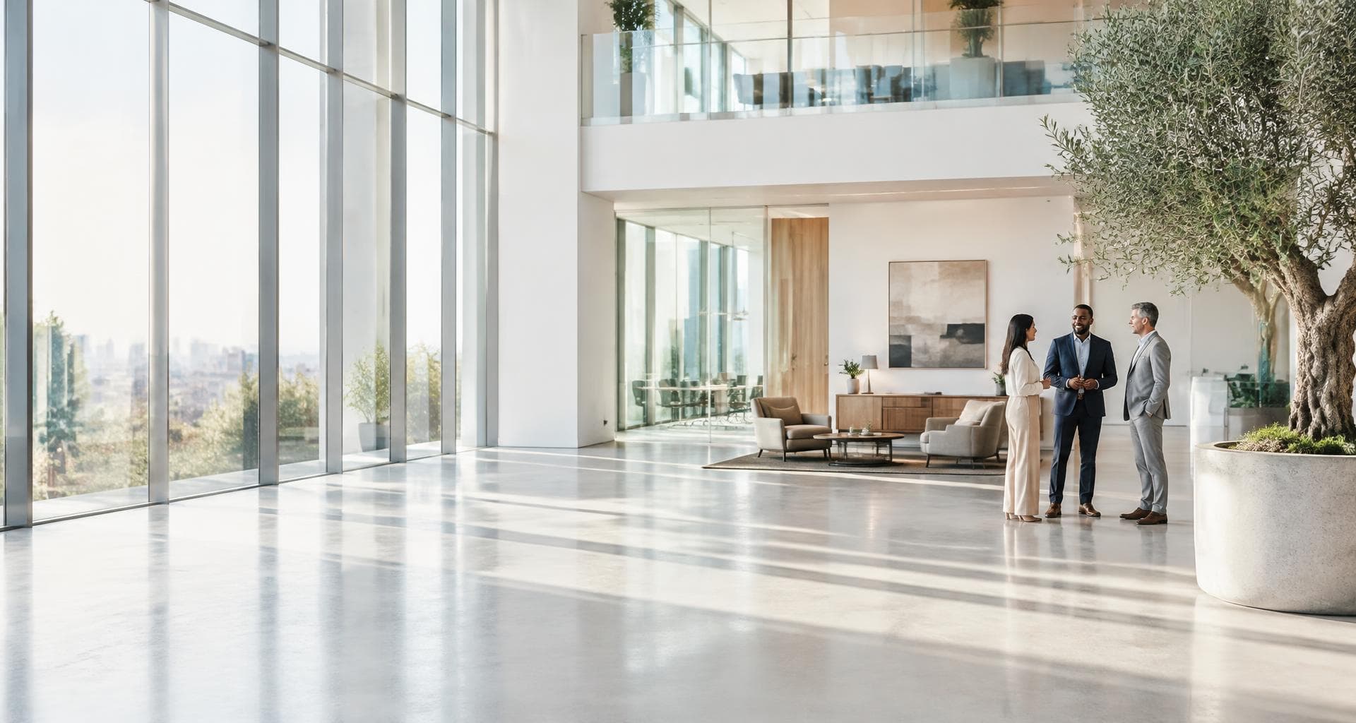 Colleagues connecting in a bright, modern workplace